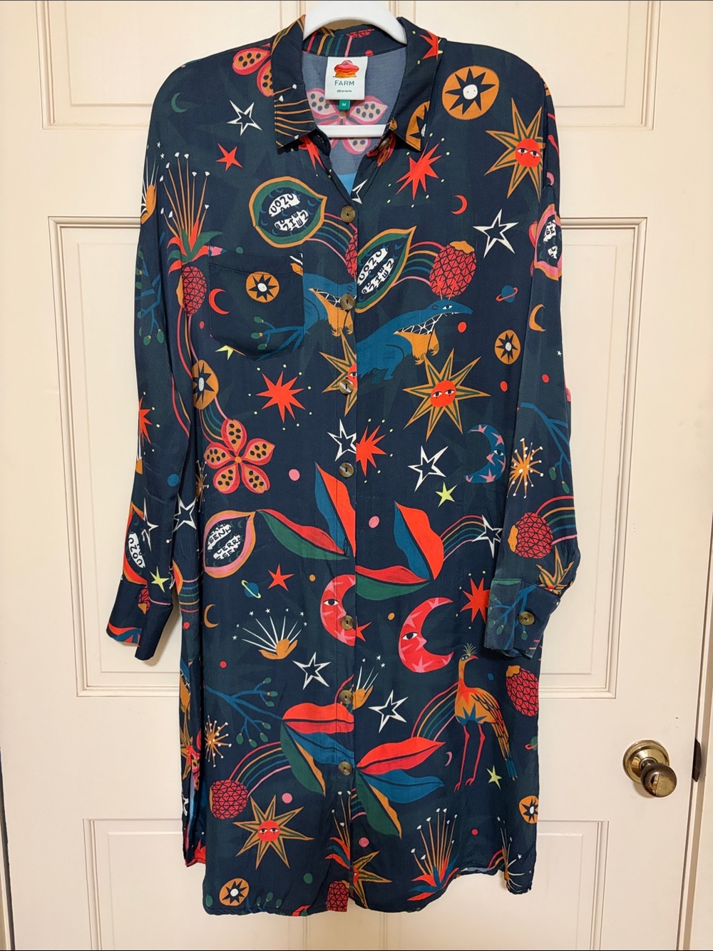 FARM Rio Navy Button-Down Tunic with Red, Gold & Green Celestial Print